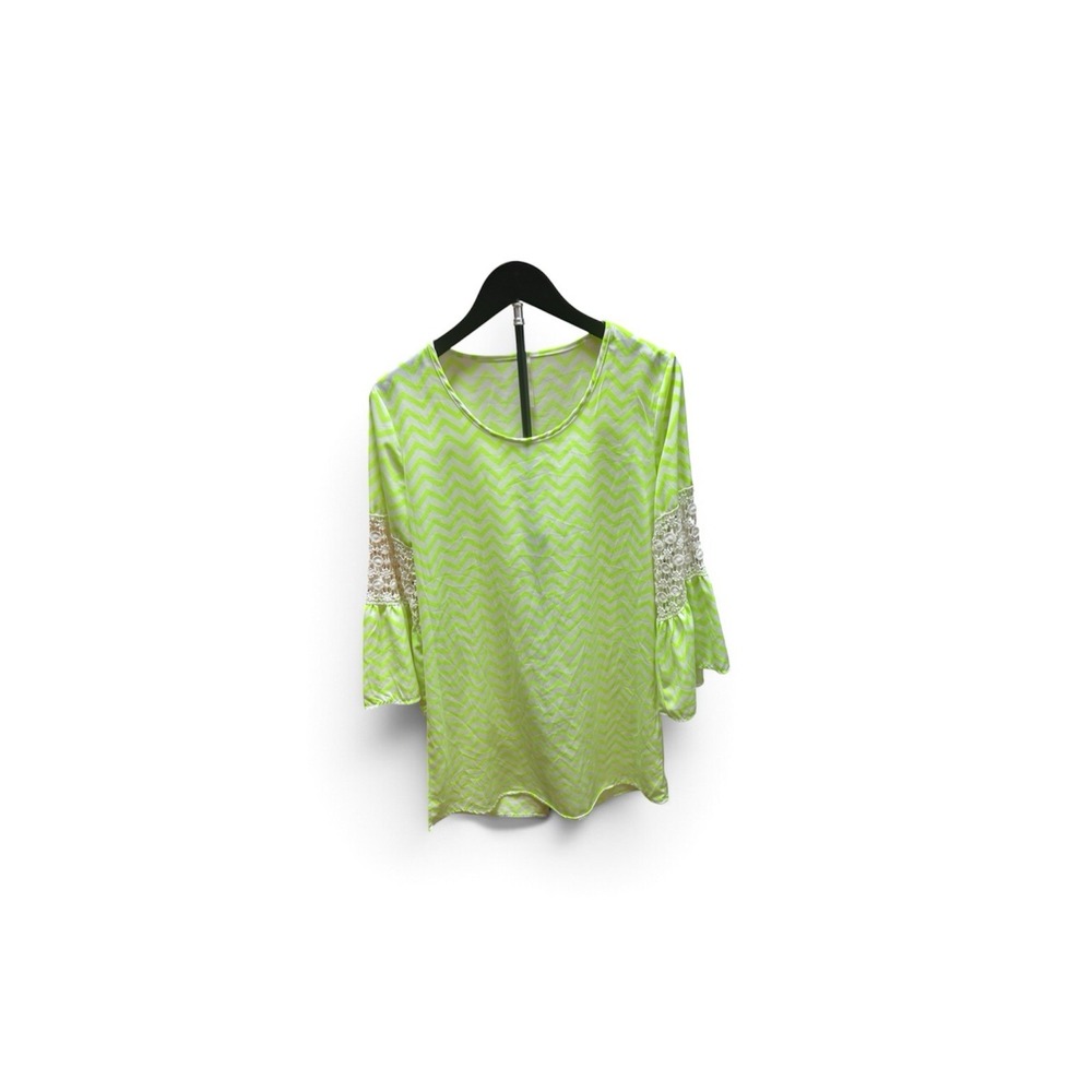 Yahada USA Lime Green & White Chevron Boho Tunic Blouse Lace Sleeves